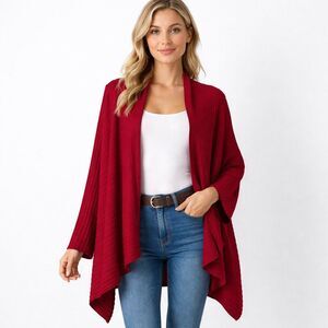 Red Open-Front Knit Women's Cardigan Sweater